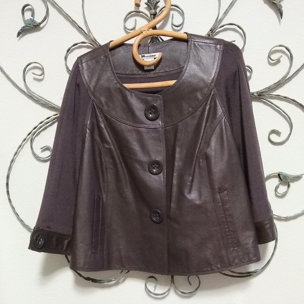 PETER NYGARD brown leather and knit jacket, L
